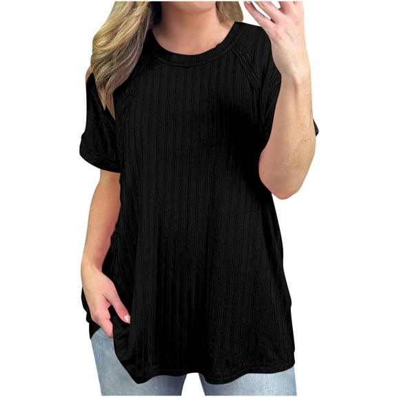 Inleife Womens T-Shirts Plus Size Women's Solid Short Sleeve Oversize Ribbed Striped Knitted Back Patch Tops Sizes Black L
