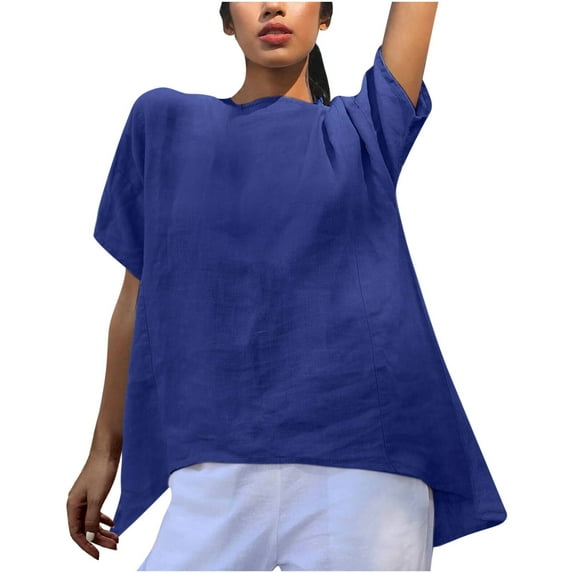 Giftesty Womens T-Shirts Plus Size Clearance Womens Solid Color Cotton Linen Shirt With Irregular Hem Short-Sleeve Patchwork Loose Round Neck Top Sizes Blue XL
