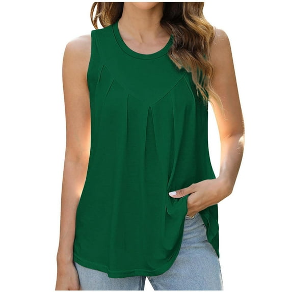 Giftesty Womens Tanks Clearance Solid Color Tank Blouses Women's Fashionable Casual Round Neck Sleeveless Top Green M