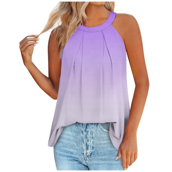Giftesty Womens Tanks Clearance Women's Printed Round Neck Pullover Fashionable Casual Round Neck Strap Button Top Purple S