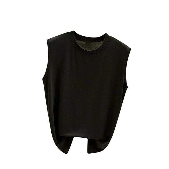 Inleife Womens Tanks Women's Solid Color Round Neck Sleeveless Thin Oversized Base Shirt Casual Versatile Solid Color Women's Top Round Neck Black M