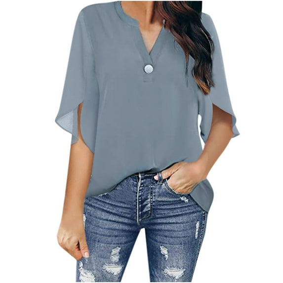 Giftesty Womens Tops 2023 Fashion Women Casual Chiffon Short Sleeve V-Neck Solid Loose Tops Blouses