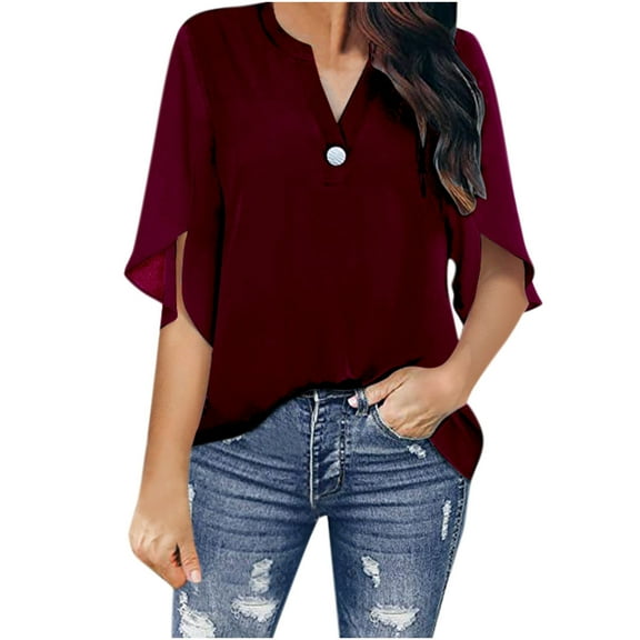 Giftesty Womens Tops 2023 Fashion Women Casual Chiffon Short Sleeve V-Neck Solid Loose Tops Blouses
