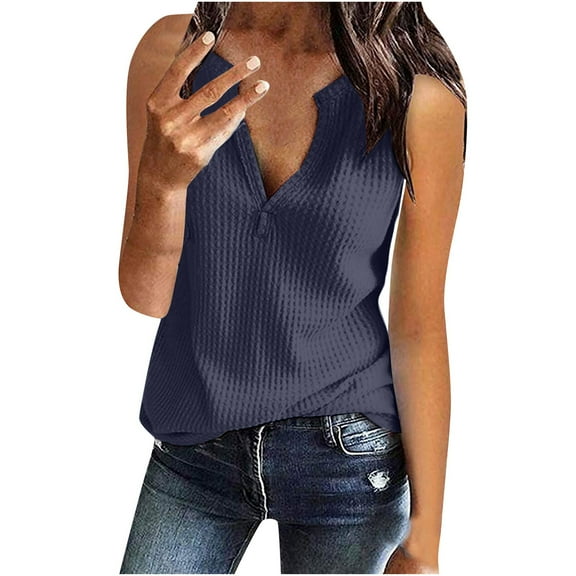 Giftesty Womens Tops 2023 Summer Women’s Solid Color Tops V-Neck Sleeveless Casual Loose Tank Tops Blouse