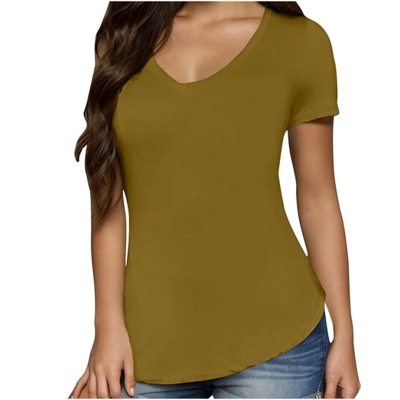 Giftesty Womens Tops 2024 Under $5 Women's Casual Solid Color Short-Sleeved V-Neck Top