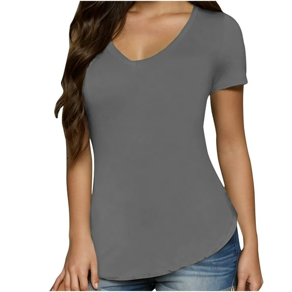 Giftesty Womens Tops 2024 Under $5 Women's Casual Solid Color Short-Sleeved V-Neck Top