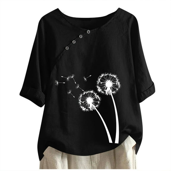 Giftesty Womens Tops 2024 Under $5 Women's Cotton And Linen Printed T-shirt For Slimming And Casual Personality Printing Top For Women's Clothing