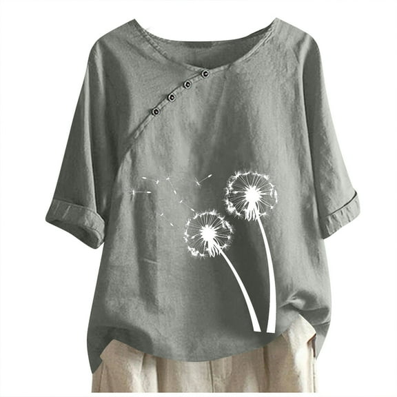 Giftesty Womens Tops 2024 Under $5 Women's Cotton And Linen Printed T-shirt For Slimming And Casual Personality Printing Top For Women's Clothing