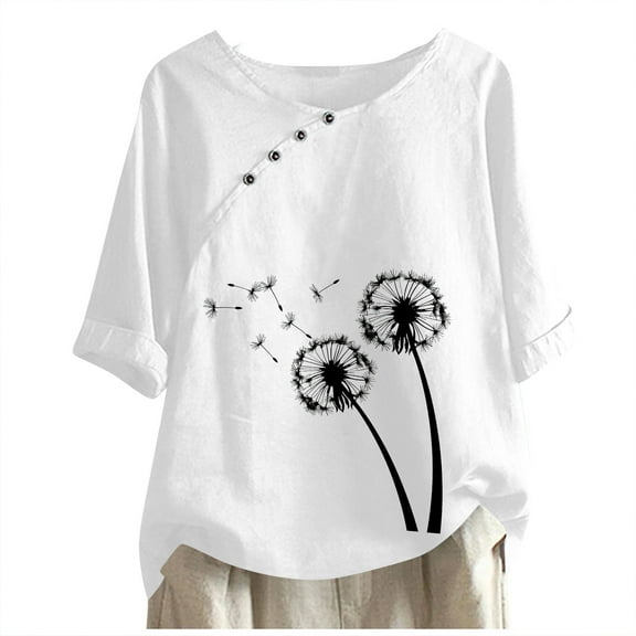 Giftesty Womens Tops 2024 Under $5 Women's Cotton And Linen Printed T-shirt For Slimming And Casual Personality Printing Top For Women's Clothing
