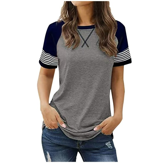 Giftesty Womens Tops 2024 Under $5 Women's Summer Fashion Loose Casual Patchwork Crew-Neck T-shirt Top