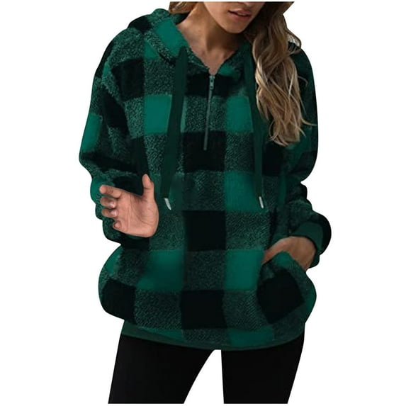 Giftesty Womens Tops Plus Size Fashion Casual Colorful Pullovers Blouse Women's Round Neck Hooded Plaid Long Sleeve Plush Top