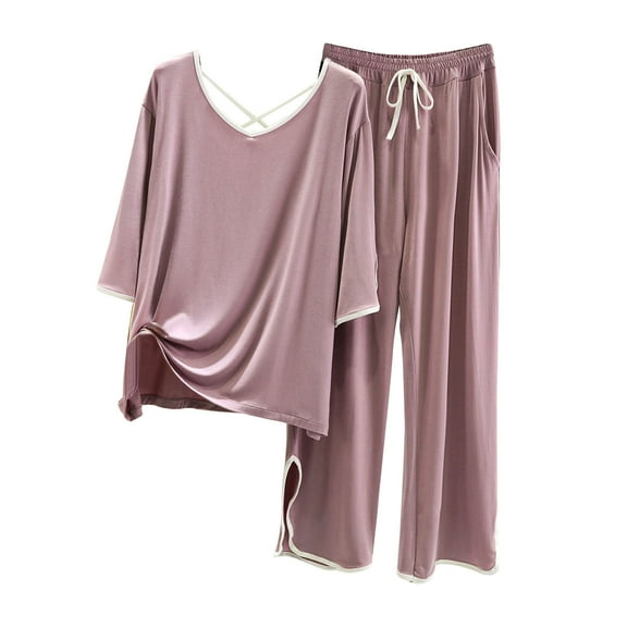 Giftesty Womens Two Piece Homewear Outfits Women's Thin Pajamas Loose Casual Ice Silk Long Sleeved Capris Home Clothing Set