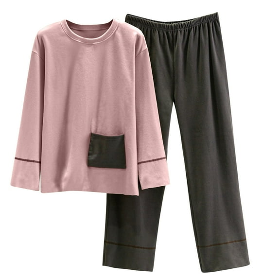 Giftesty Womens Two Piece Homewear Outfits Women's Warm Pocket Winter Plush Long Sleeved Pants Loose Round Neck Pajama Set