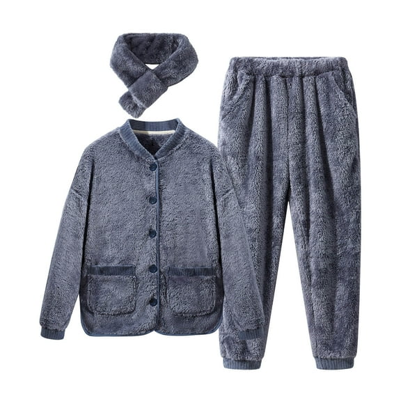 Giftesty Womens Winter Clothes Women's Sleepwear Solid Long Sleeve Pajamas Two Piece Scarf Set Home Service