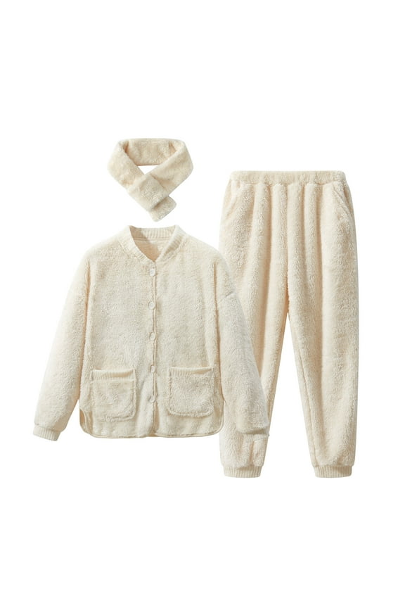 Giftesty Womens Winter Clothes Women's Sleepwear Solid Long Sleeve Pajamas Two Piece +Scarf Set Home Service