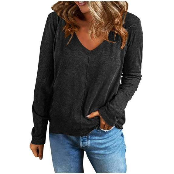 Giftesty womens solid t shirts clearance Womens Sweatshirt Casual Long Sleeve V-Neck Lightweight Pullover Tops Loose Sweatshirts