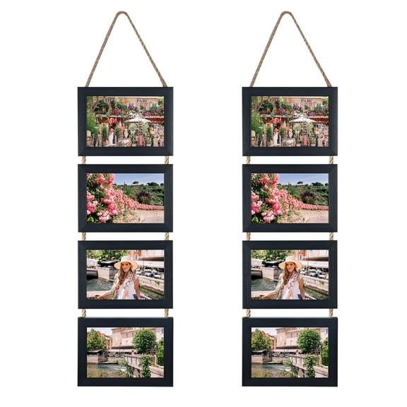 Giftgarden 4x6 Hanging Collage Picture Frames Set of 2, Black 8 Opening Horizontal Frame Made to Display 4 x 6 Inch Photo for Wall Decor