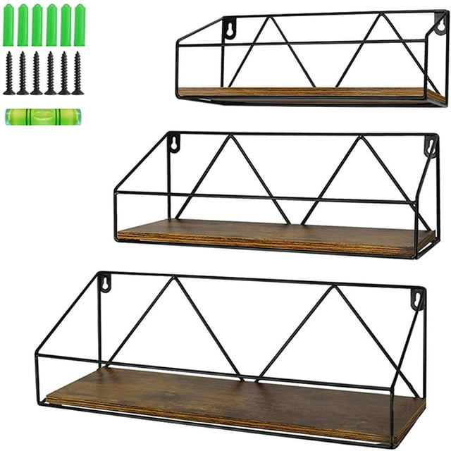 Giftgarden Set of 3 Rustic Wood & Metal Shelves, Wall Mounted Floating