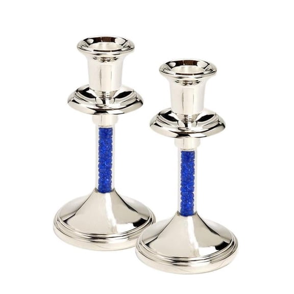Giftmark CH-728 Silver Plated Candle Holders With Clear Center - Blue Stones