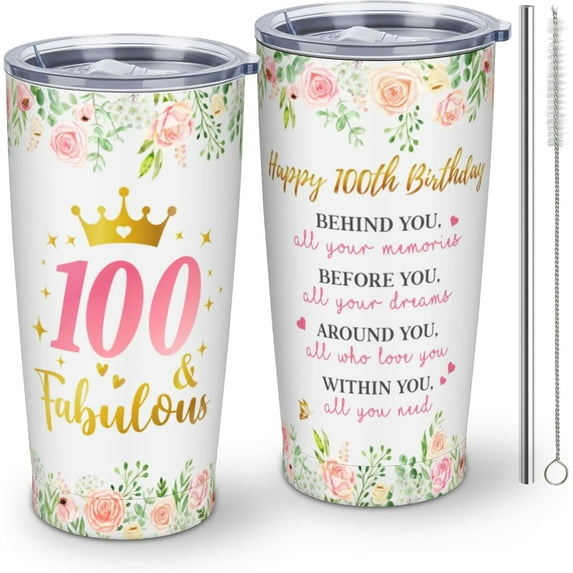 Gifts for 100 Year Old Woman, 100th Birthday Gifts for Women, 100th & Fabulous Birthday Gifts for Women, 100th Birthday Gifts for Grandma or Mother in Law Tumbler With Lid and Straw 20oz 1pc