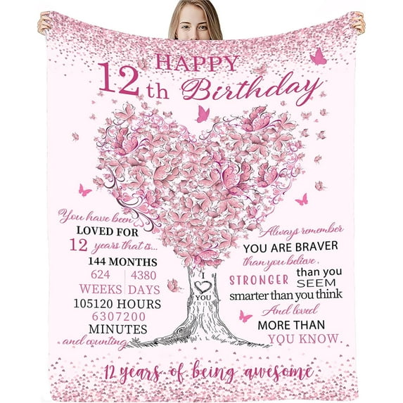 Gifts for 12 Year Old Girl,12 Year Old Girl Birthday Gifts Blankets 60"X50",12 Year Old Girl Gifts Ideas,12th Birthday Gifts/Decorations for Girls Throw Pink,Best Gifts for Girls 12 Years Old\u2026