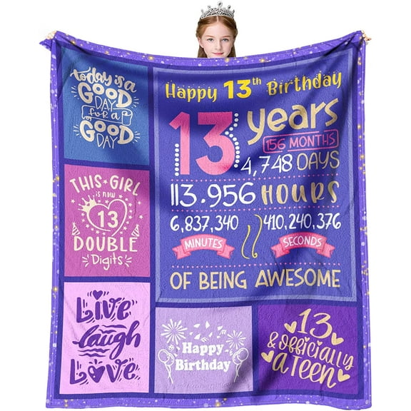 Gifts for 13 Year Old Girl - 13th Birthday Decorations for Girls Throw Blanket 60 x 50 Inch - 13th Birthday Gifts for Girls - 13 Year Old Girl Gift Ideas - Official Teenager Birthday Decorations