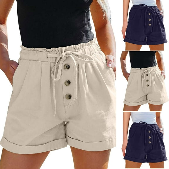 Gifts $15 & Under POROPL Womens Summer Shorts Linen Elastic Waist Shorts Button Short