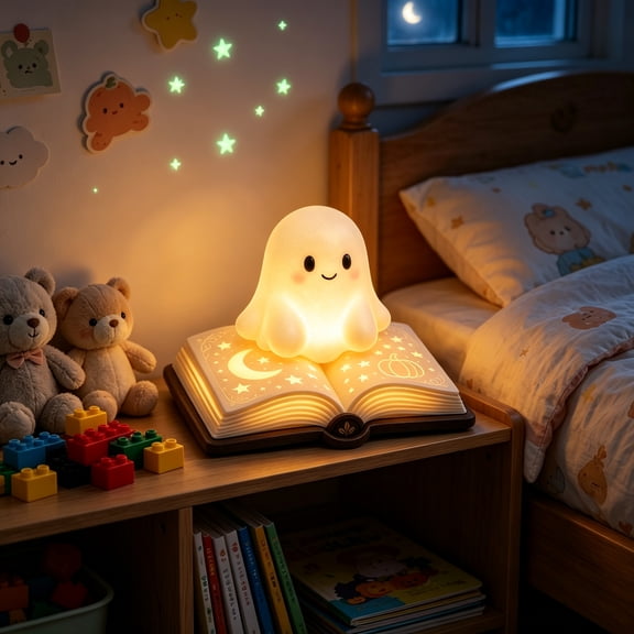 Gifts Under 20 Halloween Figurine Statue Ghost Reading Book Lamp, Cute Ghost Night Light with Book, Halloween Decor for Bedroom, Shelf, Desk, Spooky Gift, Night Light