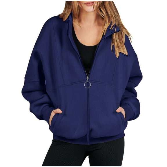 Gifts 2025 Winter Womens Sweatshirt Coat Sweatshirt Jacket for Women Casual Solid Long Sleeve Stand Collar Coat Trendy Zip up Oversized Ladies Girls Outerwear with Pocket
