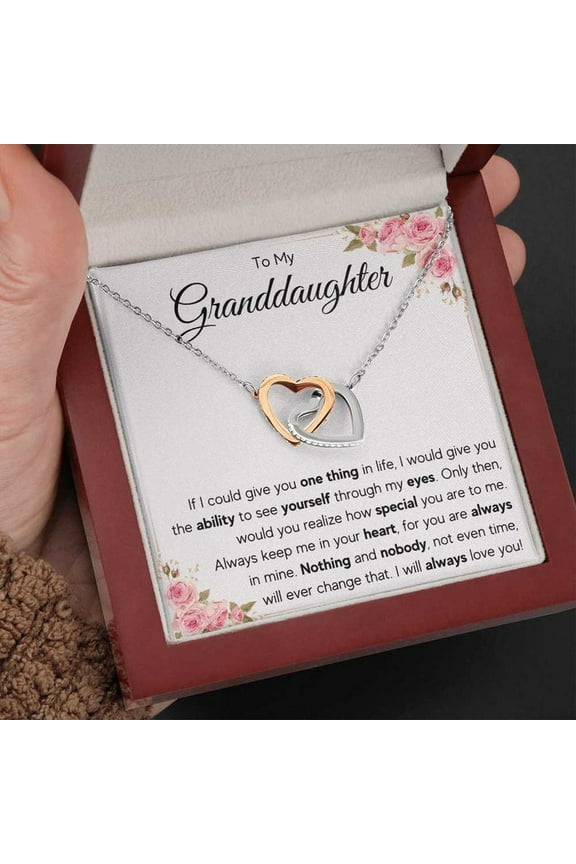 Gifts for Adult Granddaughter from Grandmother and Grandpa, Graduation Birthday Present Interlocking Heart Necklace with Message Card and LED Gift Box