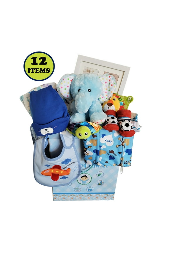 Baby Boy Bundle Gift Set with Essentials, Toys & Accessories for 1st Year, 12 Items