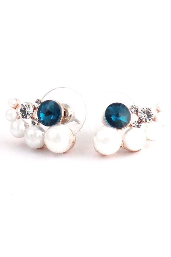 White Round Pearl Stud Earrings with Blue Rhinestone