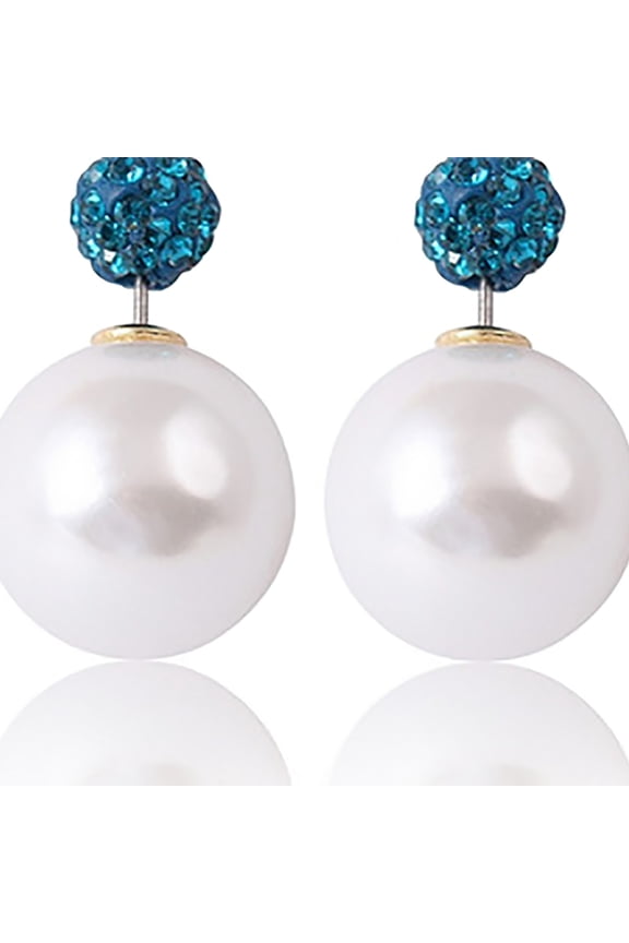 Womens Double Pearl Crystal Earrings with Blue Top