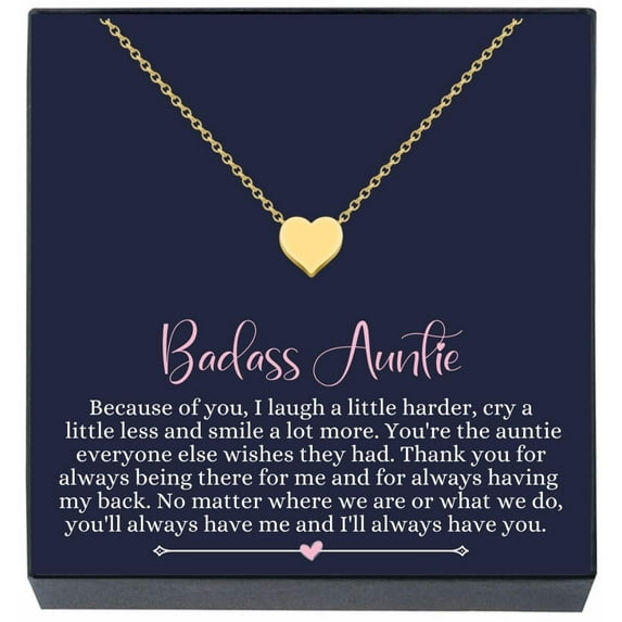 Gifts for Aunt from Niece Nephew, Small Heart Necklace w "Badass Auntie" Quote Card, Gifts for Auntie, Birthday Gift for Best Aunt Ever, Cool Aunt, Favorite Auntie Gift (Gold)