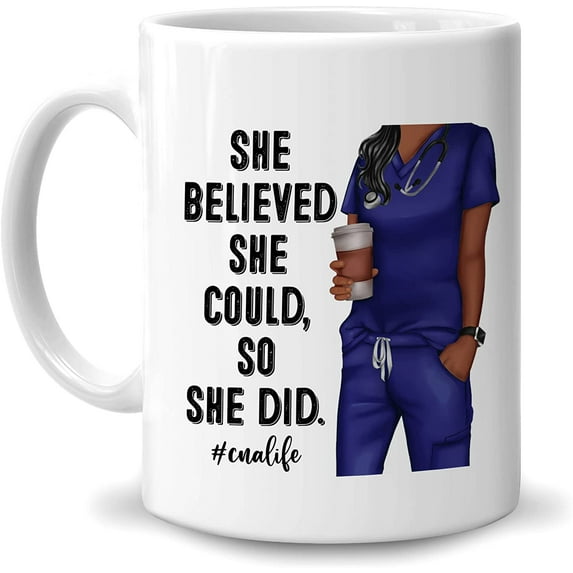 Gifts For Black African American CNA - Birthday Christmas Graduation - She Believed She Could So She Did 11oz White Ceramic Coffee Tea Mug for Women Healthcare Worker Medical Worker