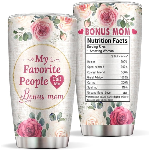 Gifts for Bonus Mom, Step Mom Gifts Ideas, Stainless Steel Bonus Mom Tumbler with Lid and Straw 20oz, Mothers Day Christmas Birthday Gifts for Step Mom Bonus Mom Mother in law (Pink Bonus Mom)