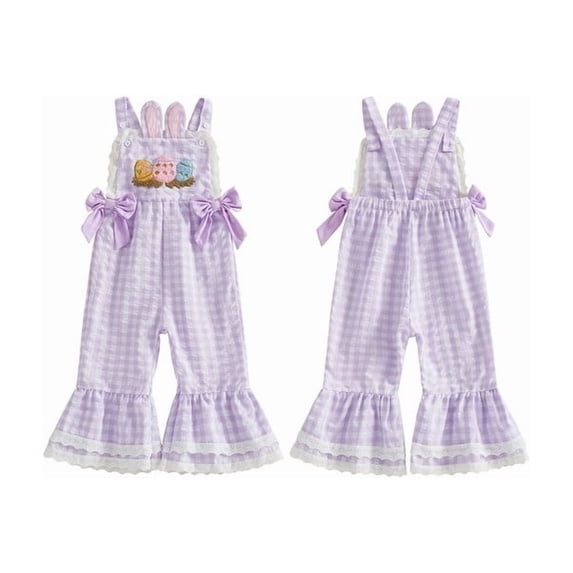 Gifts for Boys and Girsl Toddler Girls Easter Plaid Jumpsuit Sleeveless Bell Bottom Romper with Bunny Ear Straps and Egg Embroidery Soft Stretch Outfit for 12 Months to 5 Years