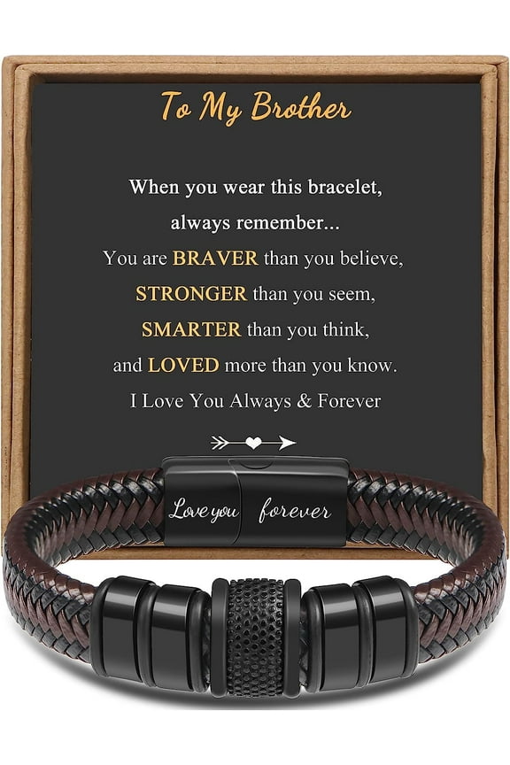 Gifts for Brother from Sister Birthday Christmas Black Leather Bracelets for Men Thanksgiving Day Graduation Braided Layered Wristband Cuff Bracele Love You Forever Gift 7.5 Inches Single-To My Brothe