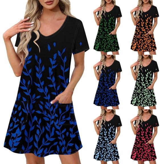 Summer Casual Dresses for Women, Women's Fashion Summer Print Short-sleeved V-neck Casual Dress