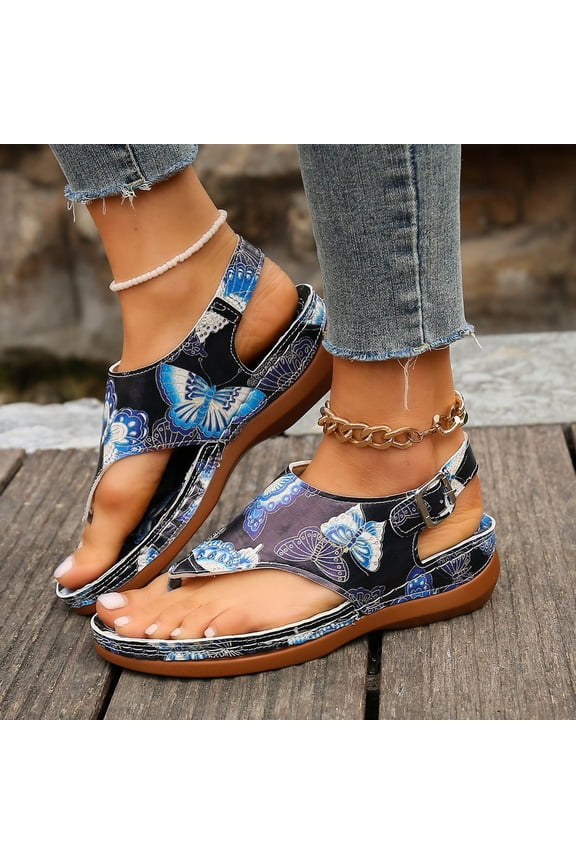 Womens Sandals Comfortable Oversized Herringbone Sandals Butterflys Print Back Buckle Sloping Heel Sandals