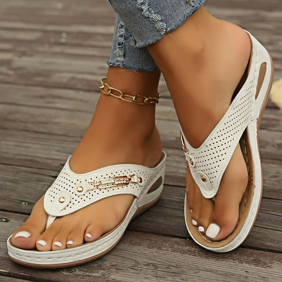 Sandals for Women Spring Summer New Large Size Sandals Beach Metal Button Wedge Casual Sandals