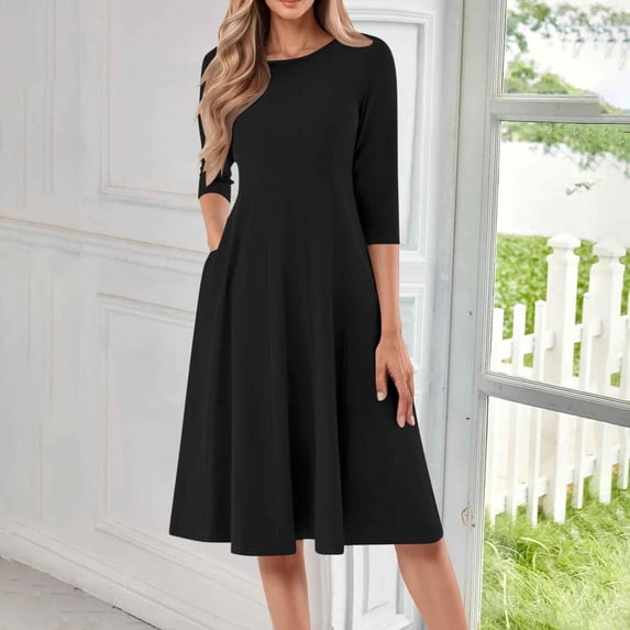 Summer Casual Dresses for Women, Women Fashion Casual Pleated-cent Sleeve Round-Neck Solid Dress