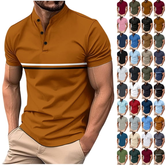 Mens Casual Shirts, Men Solid Color Casual Fashion Button Round Neck Short Sleeve T-shirt Top L, Brown