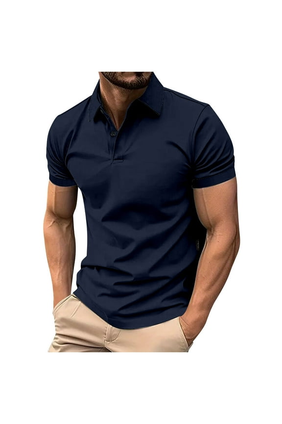 Gifts Clearance Mens Clothes, Men's Solid Color Summer Lapel Button Short Sleeve Shirt S, Navy