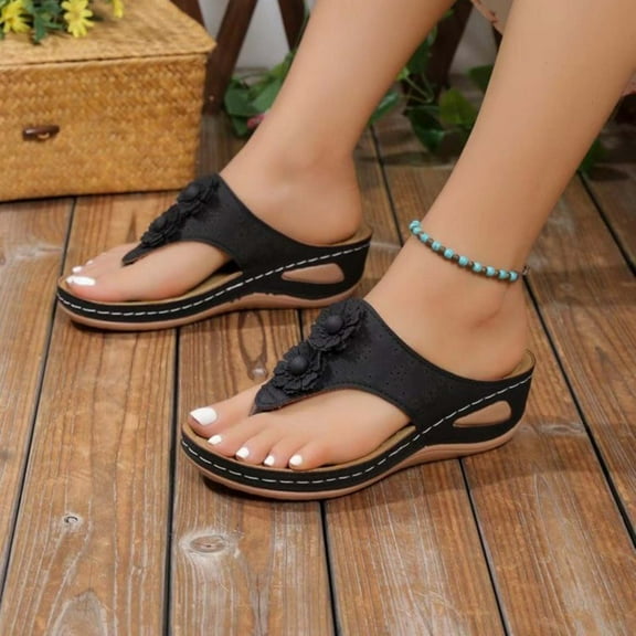 Sandals for Women 2026 Women's New Summer Floral Wedge Flip-flops