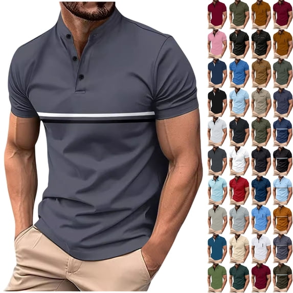 Shirts for Men, Men Solid Color Casual Fashion Button Round Neck Short Sleeve T-shirt Top S, Gray