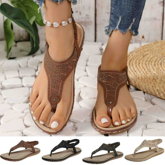 Summer Sandals for Women Large Size New Toe Clip Rhinestone Sandals Elastic Flat Shoes
