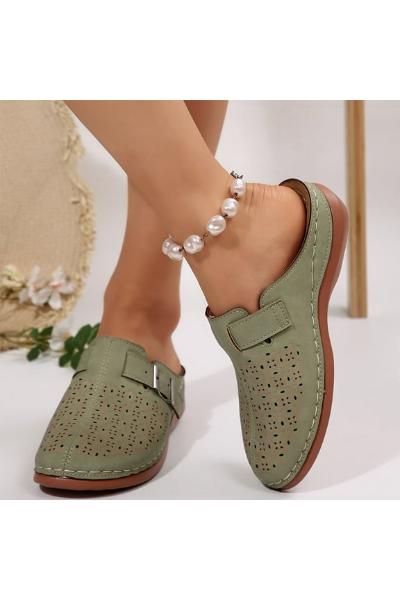 Women's Casual Sandals Hollow Buckle Strap Decoration Closed Toe Sandals Thick Bottom Half Slippers Wedge Heels