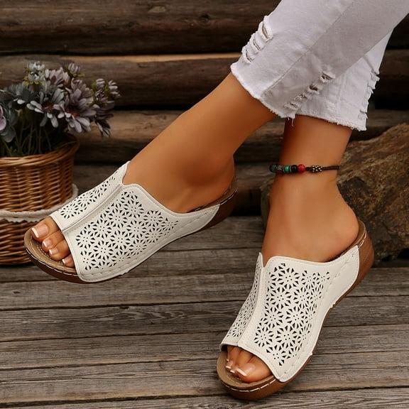Womens Sandals Comfortable Fashion Casual Summer New Beach Round Toe Solid Hollow Wedge Sandals