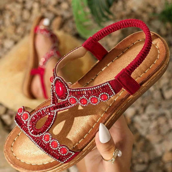 Sandals for Women 2026 Women Large Bohemian Elastic Rhinestone Flower Roman Sandals